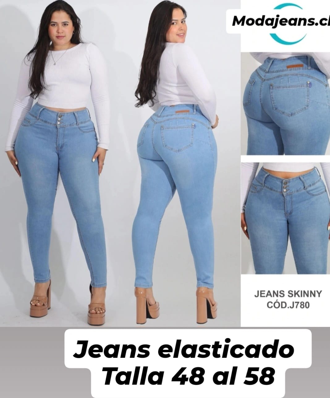 Jeans elasticado cod 780 Talla grande Hielo.solo talla 48 y 56